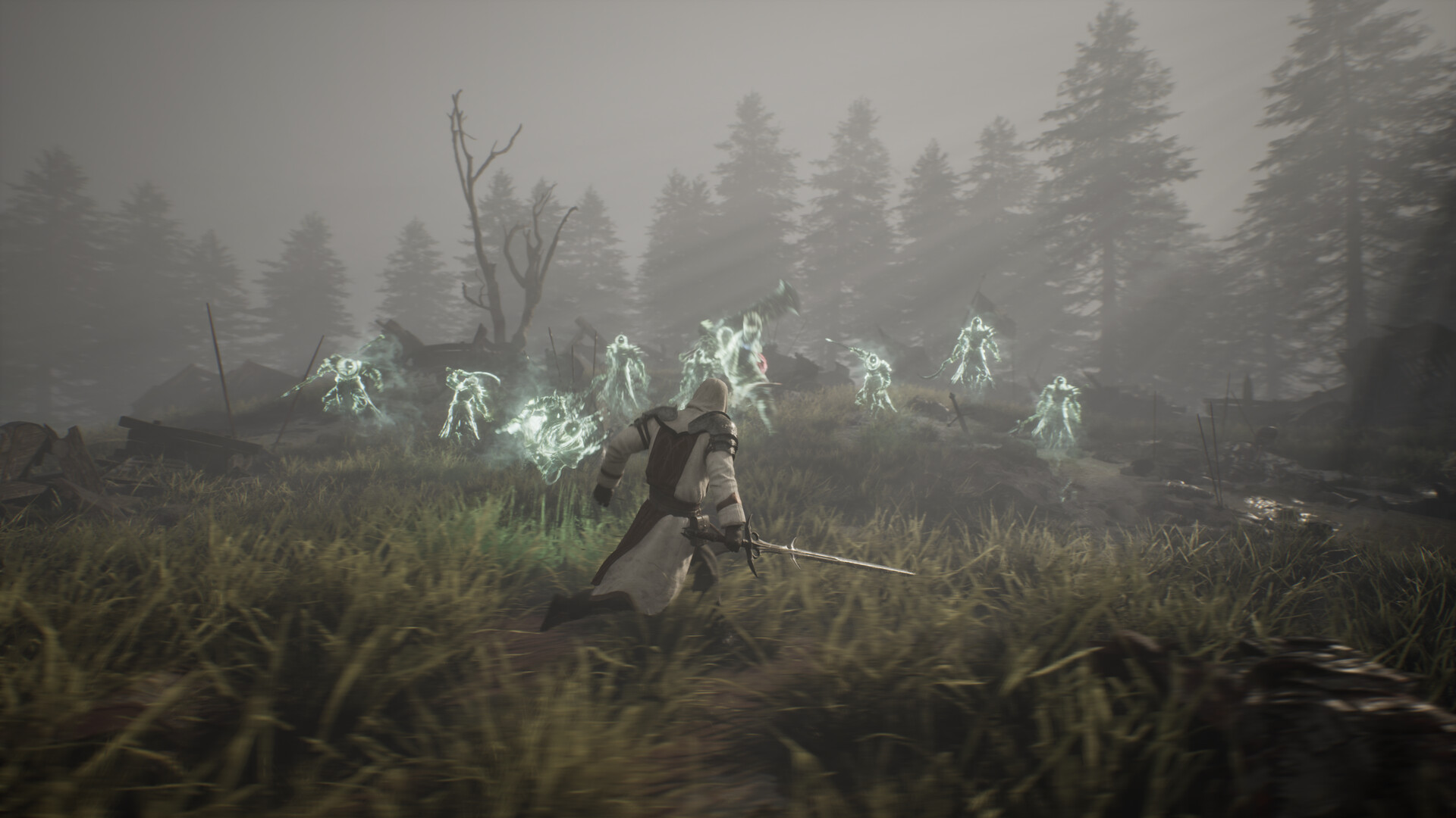 A sword-bearing figure facing translucent spirits in a fog-filled dead forest