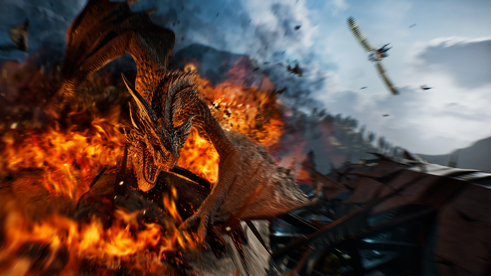 A dragon breathing fire with wings spread wide