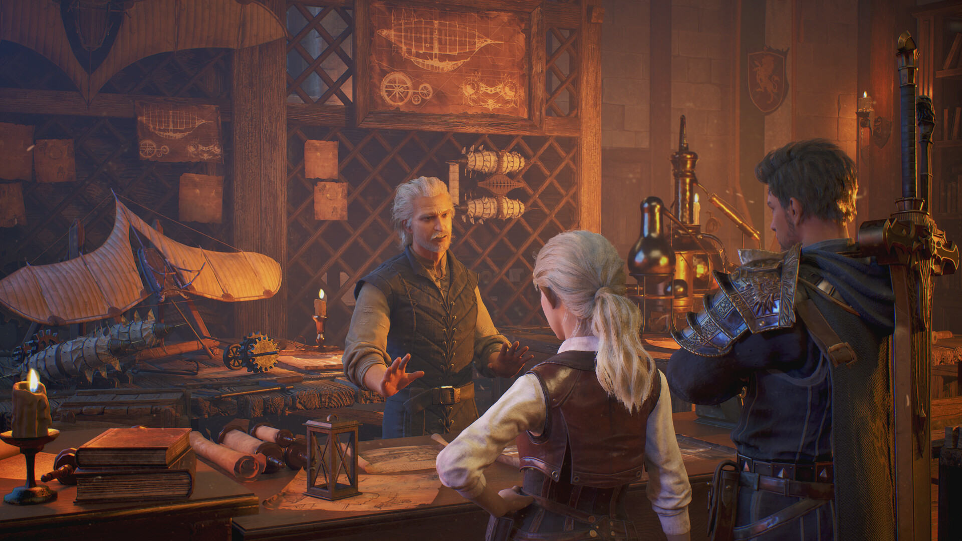 A candle-lit workshop interior with a shopkeeper and two visitors